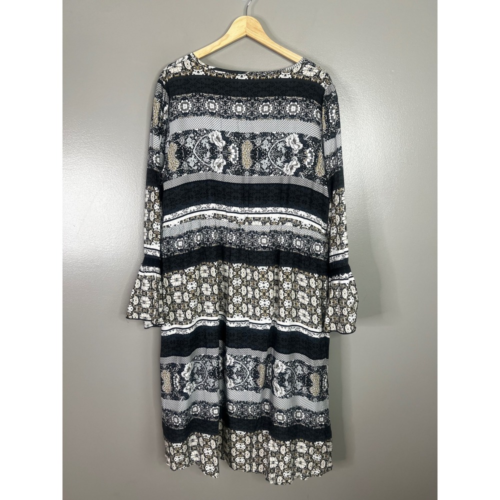 One World Boho Mixed Print Tassel Tie Bell Sleeve Dress Womens 1X  floral
